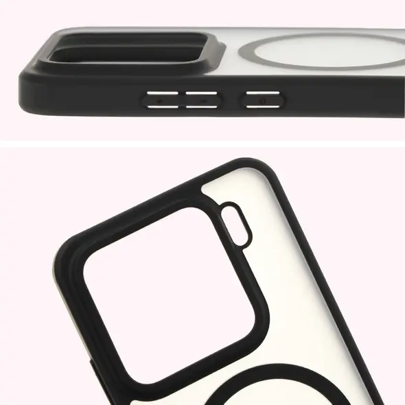 Etui z pierścieniem magnetycznym Bizon Case MatteO do Xiaomi 15 półprzezroczyste z czarną ramką