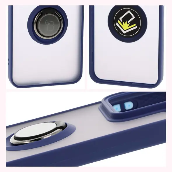 Etui z uchwytem na palec Bizon Case Hybrid Ring do Xiaomi 15 przydymione z granatową ramką