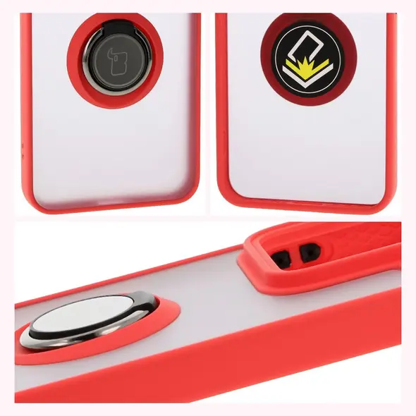 Etui z uchwytem na palec Bizon Case Hybrid Ring do Xiaomi 15 przydymione z czerwoną ramką