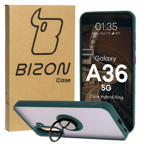 Etui z uchwytem na palec Bizon Case Hybrid Ring do Samsung Galaxy A36 5G przydymione z ciemnozieloną ramką