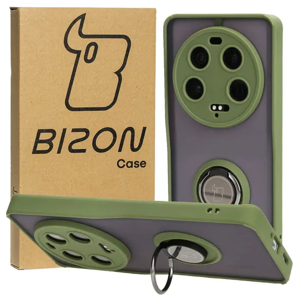 Etui z uchwytem na palec Bizon Case Hybrid Ring do Xiaomi 13 Ultra przydymione z zieloną ramką