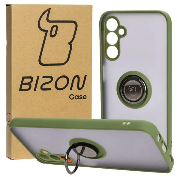 Etui z uchwytem na palec Bizon Case Hybrid Ring do Samsung Galaxy M14 5G przydymione z zieloną ramką