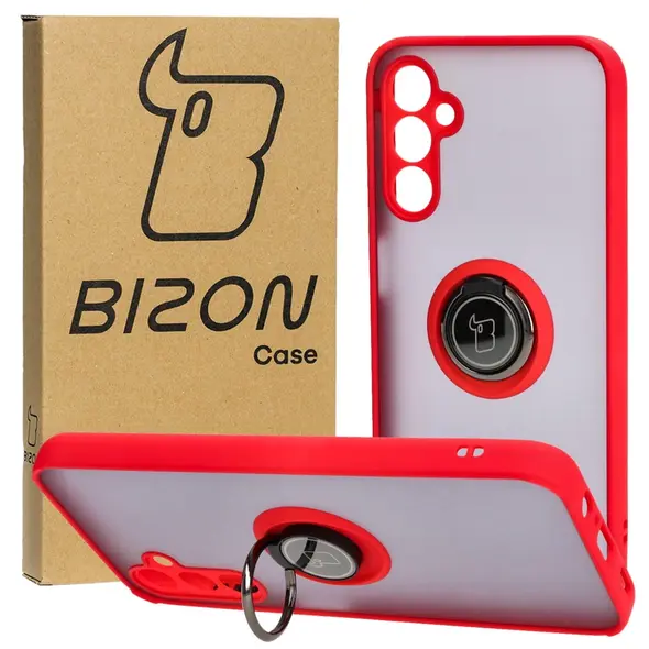 Etui z uchwytem na palec Bizon Case Hybrid Ring do Samsung Galaxy M14 5G przydymione z czerwoną ramką