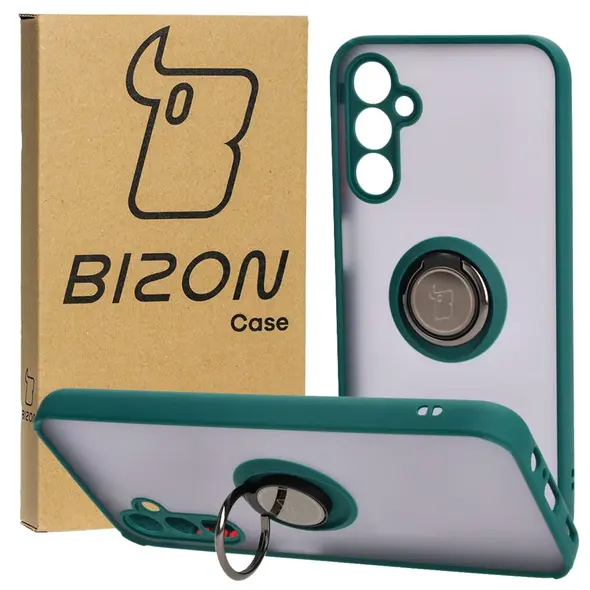 Etui z uchwytem na palec Bizon Case Hybrid Ring do Samsung Galaxy M14 5G przydymione z ciemnozieloną ramką