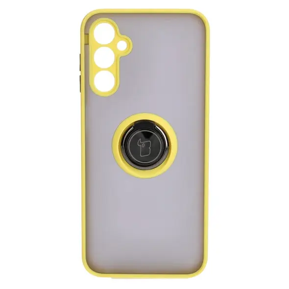Etui z uchwytem na palec Bizon Case Hybrid Ring do Samsung Galaxy M14 5G przydymione z żółtą ramką