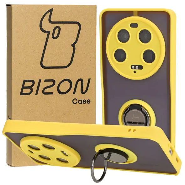 Etui z uchwytem na palec Bizon Case Hybrid Ring do Xiaomi 13 Ultra przydymione z żółtą ramką