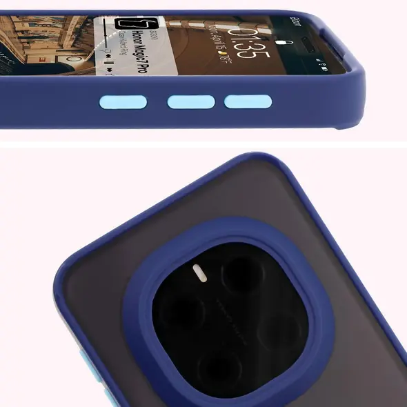 Etui z uchwytem na palec Bizon Case Hybrid Ring do Honor Magic7 Pro przydymione z granatową ramką