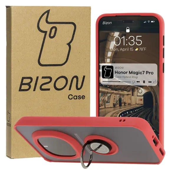 Etui z uchwytem na palec Bizon Case Hybrid Ring do Honor Magic7 Pro przydymione z czerwoną ramką