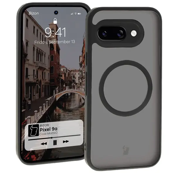 Etui z pierścieniem magnetycznym Bizon Case MatteO do Google Pixel 9a półprzezroczyste z czarną ramką