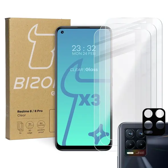 Szkło hartowane Bizon Glass Clear - 3 szt. + obiektyw Realme 8 / 8 Pro