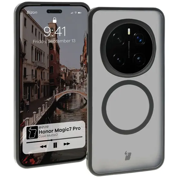 Etui z pierścieniem magnetycznym Bizon Case MatteO do Honor Magic7 Pro półprzezroczyste z czarną ramką