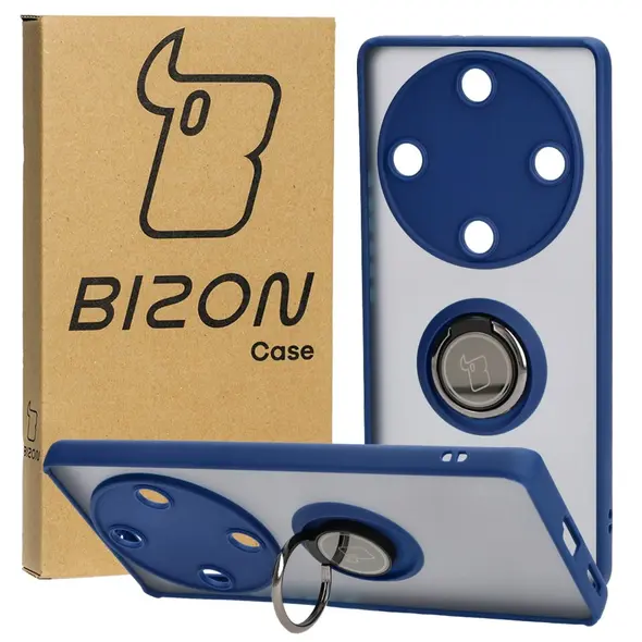 Etui z uchwytem na palec Bizon Case Hybrid Ring do Honor Magic5 Lite przydymione z granatową ramką