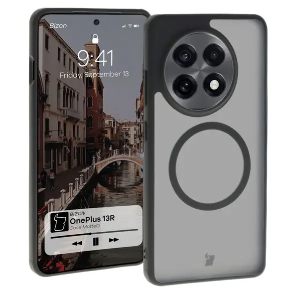 Etui z pierścieniem magnetycznym Bizon Case MatteO do OnePlus 13R półprzezroczyste z czarną ramką