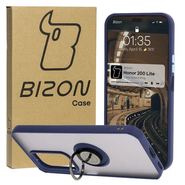Etui z uchwytem na palec Bizon Case Hybrid Ring do Honor 200 Lite przydymione z granatową ramką