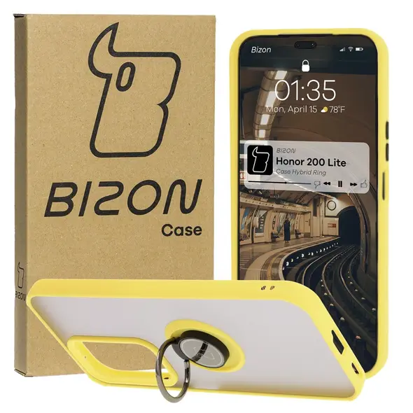 Etui z uchwytem na palec Bizon Case Hybrid Ring do Honor 200 Lite przydymione z żółtą ramką