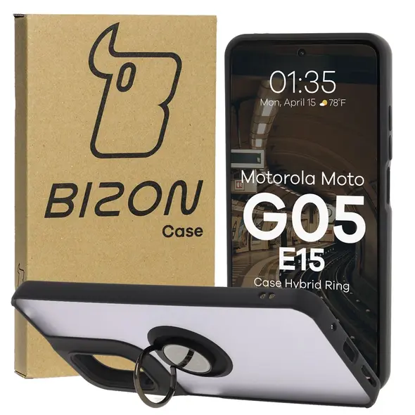 Etui z uchwytem na palec Bizon Case Hybrid Ring do Motorola Moto G05 / E15 przydymione z czarną ramką