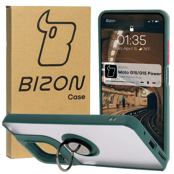 Etui z uchwytem na palec Bizon Case Hybrid Ring do Motorola Moto G15 / G15 Power przydymione z ciemnozieloną ramką