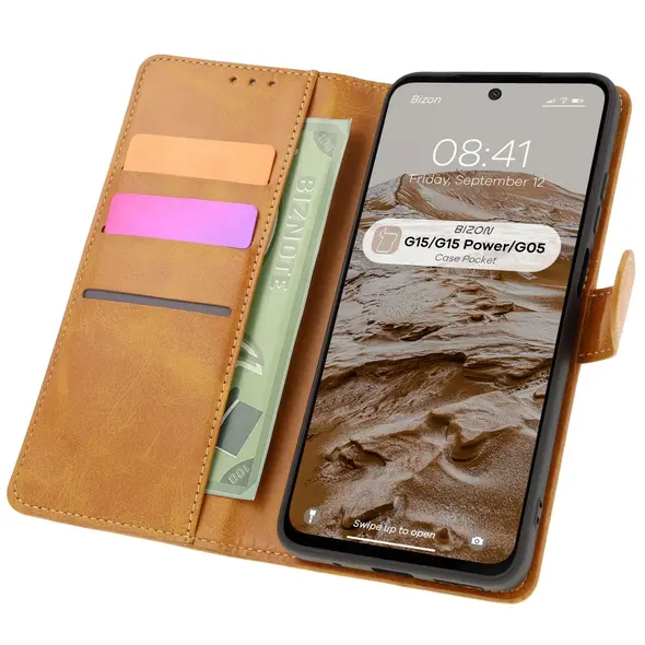 Etui z klapką Bizon Case Pocket do Motorola Moto G15 / G15 Power / G05 brązowe