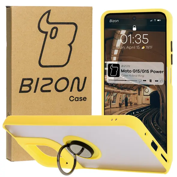 Etui z uchwytem na palec Bizon Case Hybrid Ring do Motorola Moto G15 / G15 Power przydymione z żółtą ramką