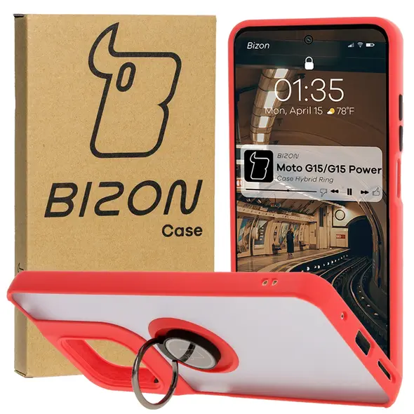 Etui z uchwytem na palec Bizon Case Hybrid Ring do Motorola Moto G15 / G15 Power przydymione z czerwoną ramką