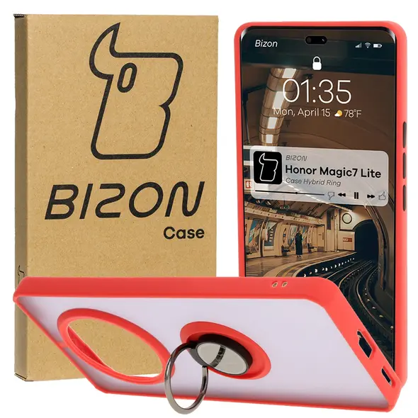 Etui z uchwytem na palec Bizon Case Hybrid Ring do Honor Magic7 Lite przydymione z czerwoną ramką