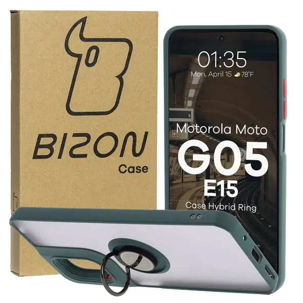 Etui z uchwytem na palec Bizon Case Hybrid Ring do Motorola Moto G05 / E15 przydymione z ciemnozieloną ramką