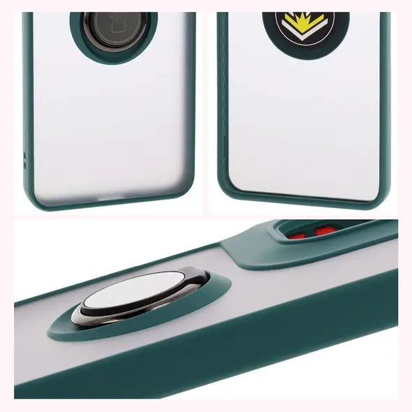 Etui z uchwytem na palec Bizon Case Hybrid Ring do Motorola Moto G05 / E15 przydymione z ciemnozieloną ramką