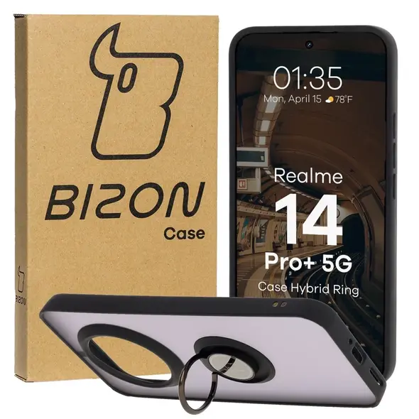 Etui z uchwytem na palec Bizon Case Hybrid Ring do Realme 14 Pro Plus 5G przydymione z czarną ramką