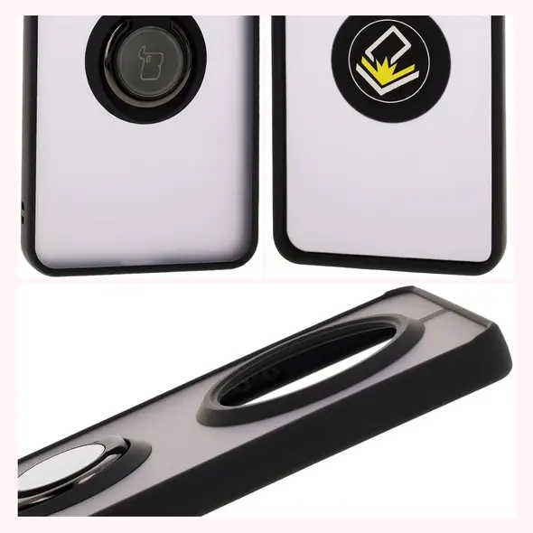 Etui z uchwytem na palec Bizon Case Hybrid Ring do Realme 14 Pro 5G przydymione z czarną ramką