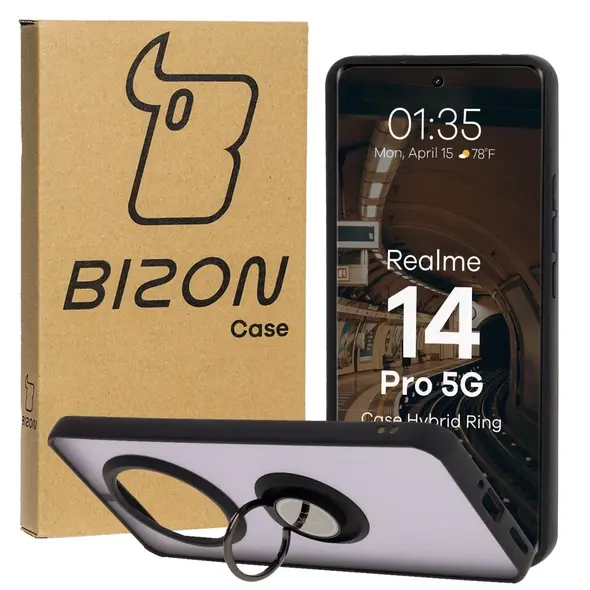 Etui z uchwytem na palec Bizon Case Hybrid Ring do Realme 14 Pro 5G przydymione z czarną ramką