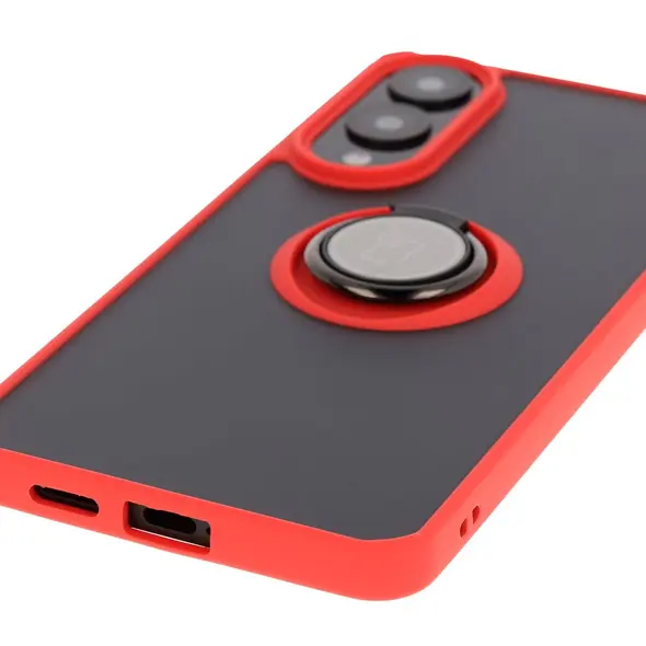 Etui z uchwytem na palec Bizon Case Hybrid Ring do Samsung Galaxy S25 Edge przydymione z czerwoną ramką