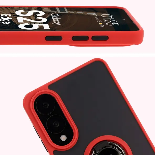 Etui z uchwytem na palec Bizon Case Hybrid Ring do Samsung Galaxy S25 Edge przydymione z czerwoną ramką