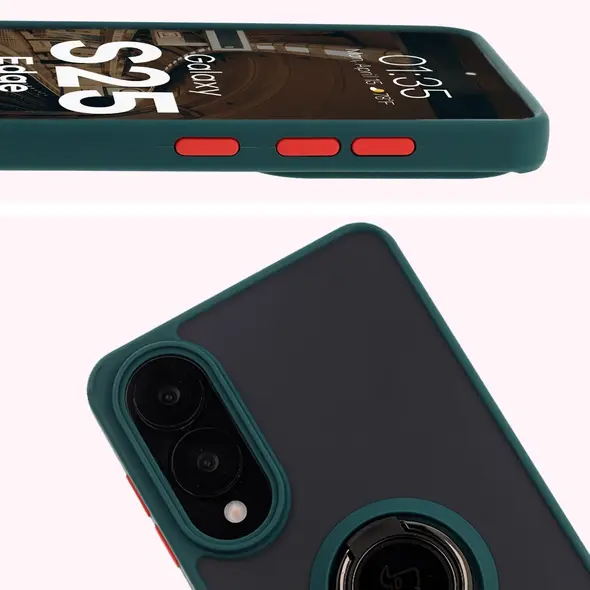 Etui z uchwytem na palec Bizon Case Hybrid Ring do Samsung Galaxy S25 Edge przydymione z ciemnozieloną ramką