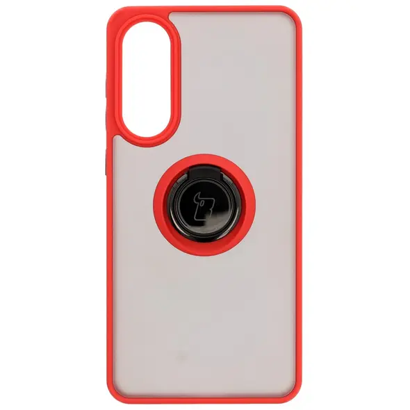 Etui z uchwytem na palec Bizon Case Hybrid Ring do Samsung Galaxy S25 Edge przydymione z czerwoną ramką
