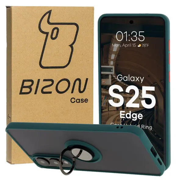Etui z uchwytem na palec Bizon Case Hybrid Ring do Samsung Galaxy S25 Edge przydymione z ciemnozieloną ramką