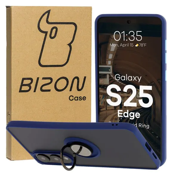 Etui z uchwytem na palec Bizon Case Hybrid Ring do Samsung Galaxy S25 Edge przydymione z granatową ramką