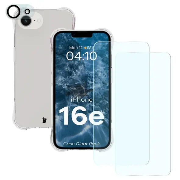 Etui + 2x szkło na ekran + 1x szkło na obiektyw Bizon Case Clear Pack do Apple iPhone 16e