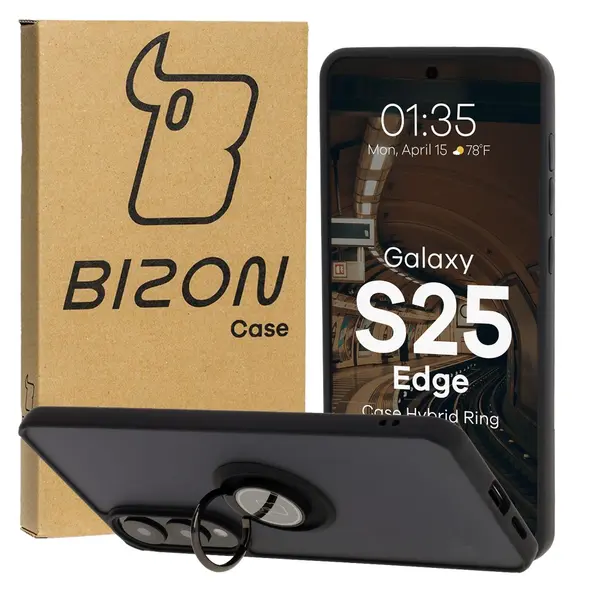 Etui z uchwytem na palec Bizon Case Hybrid Ring do Samsung Galaxy S25 Edge przydymione z czarną ramką
