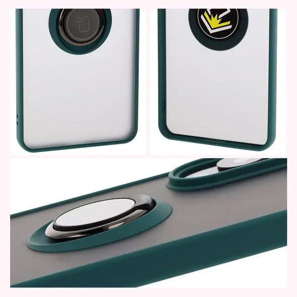 Etui z uchwytem na palec Bizon Case Hybrid Ring do Samsung Galaxy S25 Edge przydymione z ciemnozieloną ramką