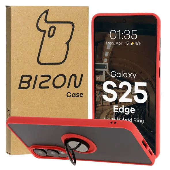 Etui z uchwytem na palec Bizon Case Hybrid Ring do Samsung Galaxy S25 Edge przydymione z czerwoną ramką