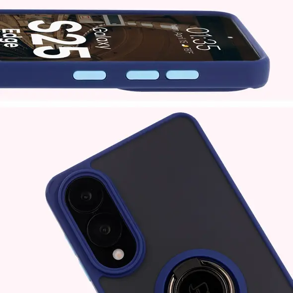 Etui z uchwytem na palec Bizon Case Hybrid Ring do Samsung Galaxy S25 Edge przydymione z granatową ramką