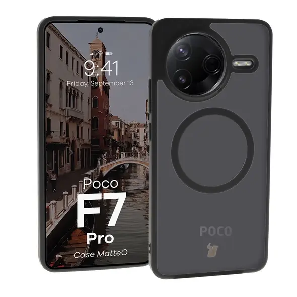 Etui z pierścieniem magnetycznym Bizon Case MatteO do Xiaomi Poco F7 Pro przydymione-czarne