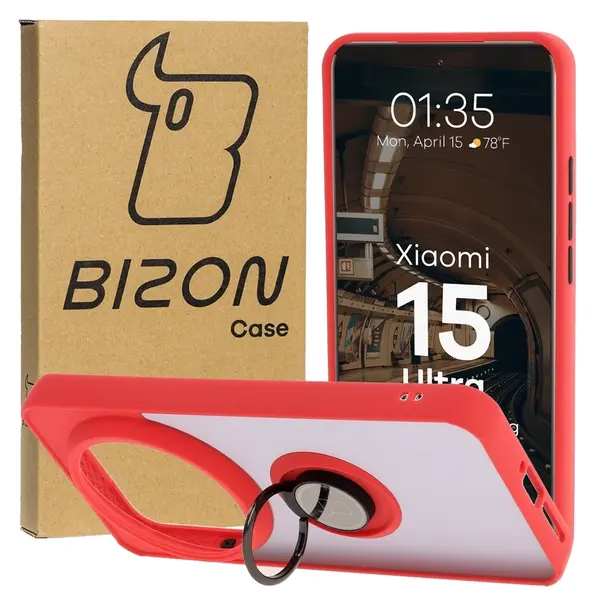 Etui z uchwytem na palec Bizon Case Hybrid Ring do Xiaomi 15 Ultra przydymione z czerwoną ramką