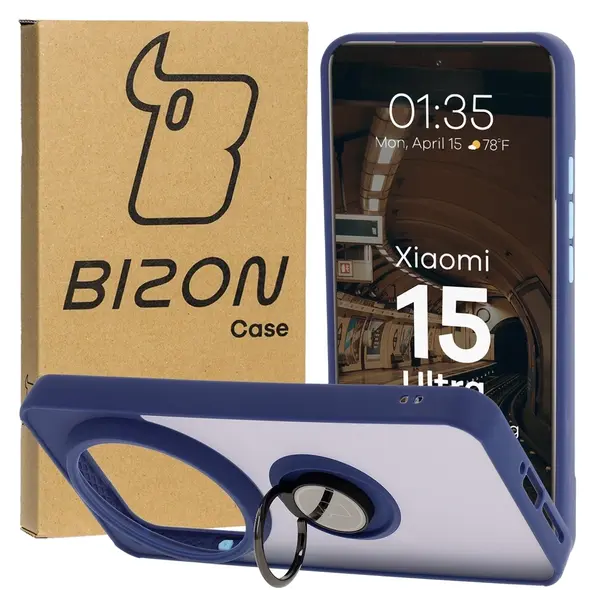 Etui z uchwytem na palec Bizon Case Hybrid Ring do Xiaomi 15 Ultra przydymione z granatową ramką