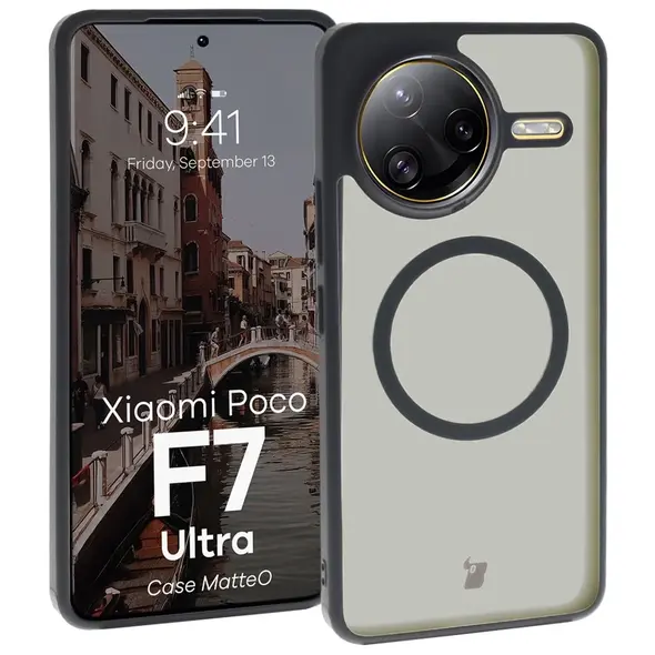 Etui z pierścieniem magnetycznym Bizon Case MatteO do Xiaomi Poco F7 Ultra przydymione-czarne