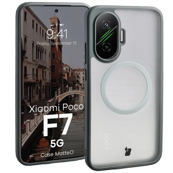Etui z pierścieniem magnetycznym Bizon Case MatteO do Xiaomi POCO F7 przydymione-szare