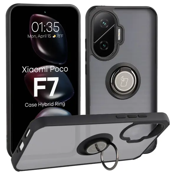 Etui z uchwytem na palec Bizon Case Hybrid Ring do Xiaomi POCO F7 przydymione z czarną ramką