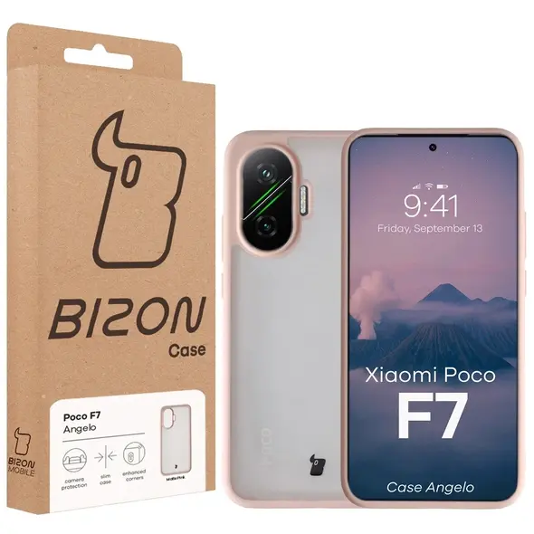 Etui Bizon Case Angelo do Xiaomi POCO F7 półprzezroczyste z różową ramką