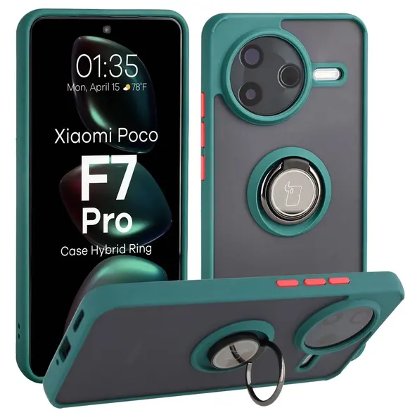 Etui z uchwytem na palec Bizon Case Hybrid Ring do Xiaomi POCO F7 Pro przydymione z ciemnozieloną ramką