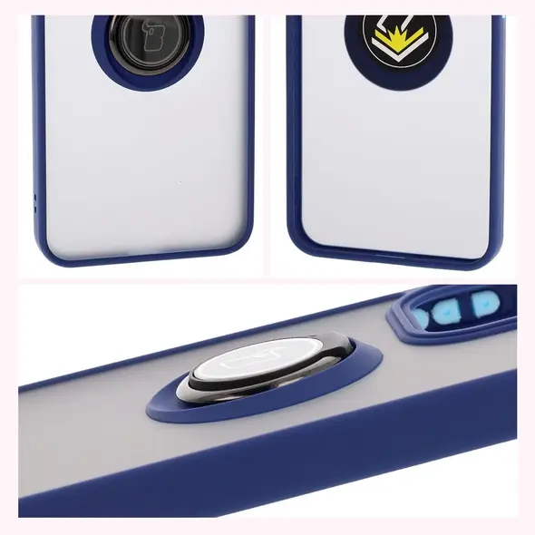 Etui z uchwytem na palec Bizon Case Hybrid Ring do Oppo Reno13 Pro przydymione z granatową ramką